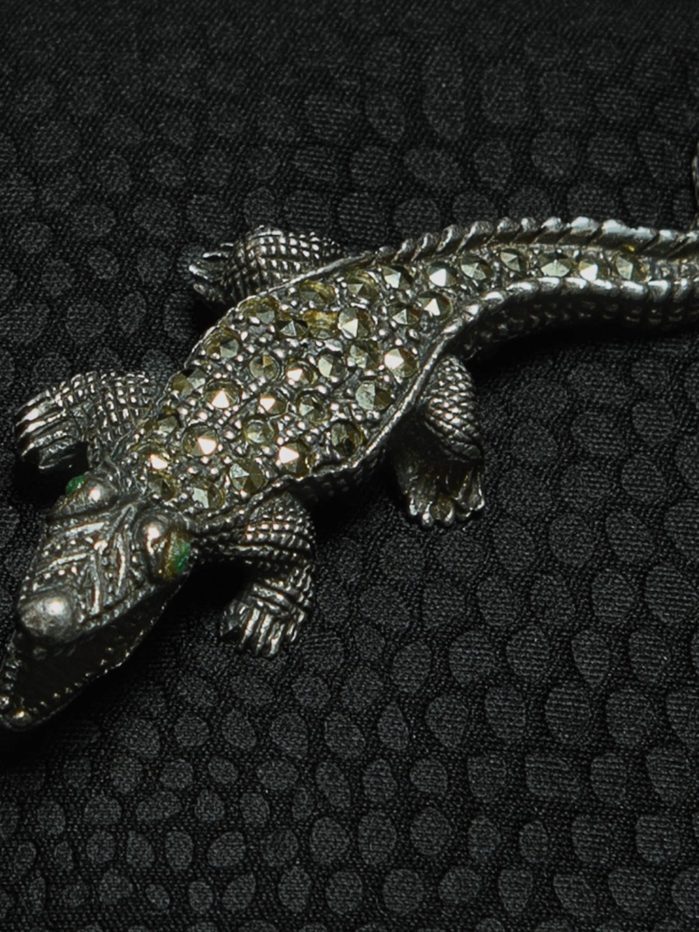 Vintage 1980s Sterling Silver Marcasite Alligator Crocodile Green eyed Pin